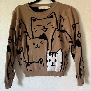 Cat Print Tan Sweater- Lizette Collection
